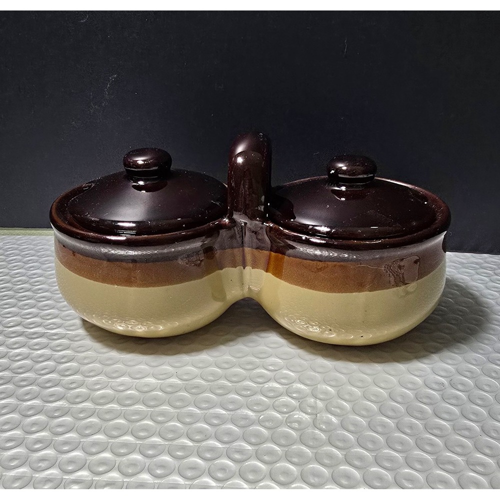 VTG Stoneware Double Condiment Jar With Lids*No Spoons* 70s Brown &Beige
